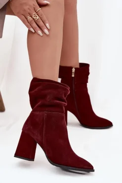 Botki Z Naturalnego Zamszu Ocieplane Na Słupku Z Marszczeniem Zazoo 4216 Bordowe