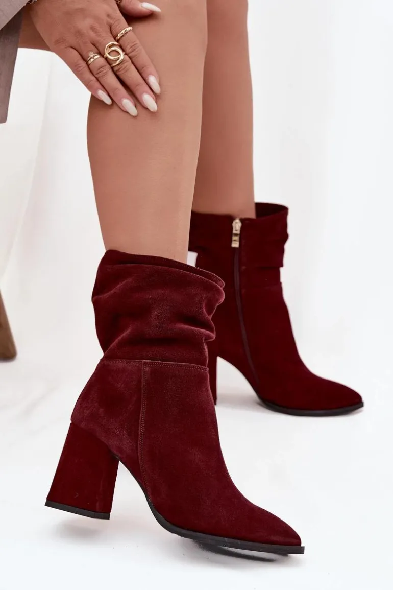 Botki Z Naturalnego Zamszu Ocieplane Na Słupku Z Marszczeniem Zazoo 4216 Bordowe