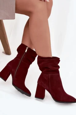 Botki Z Naturalnego Zamszu Ocieplane Na Słupku Z Marszczeniem Zazoo 4216 Bordowe