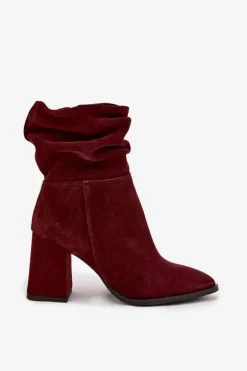 Botki Z Naturalnego Zamszu Ocieplane Na Słupku Z Marszczeniem Zazoo 4216 Bordowe