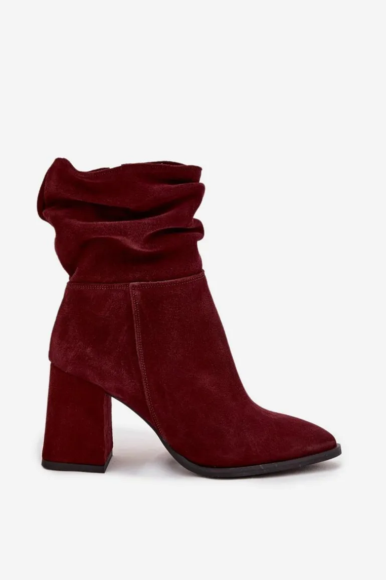 Botki Z Naturalnego Zamszu Ocieplane Na Słupku Z Marszczeniem Zazoo 4216 Bordowe
