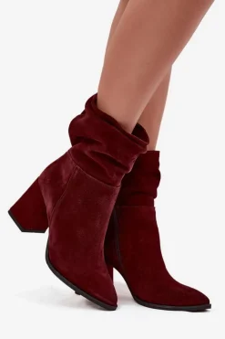 Botki Z Naturalnego Zamszu Ocieplane Na Słupku Z Marszczeniem Zazoo 4216 Bordowe