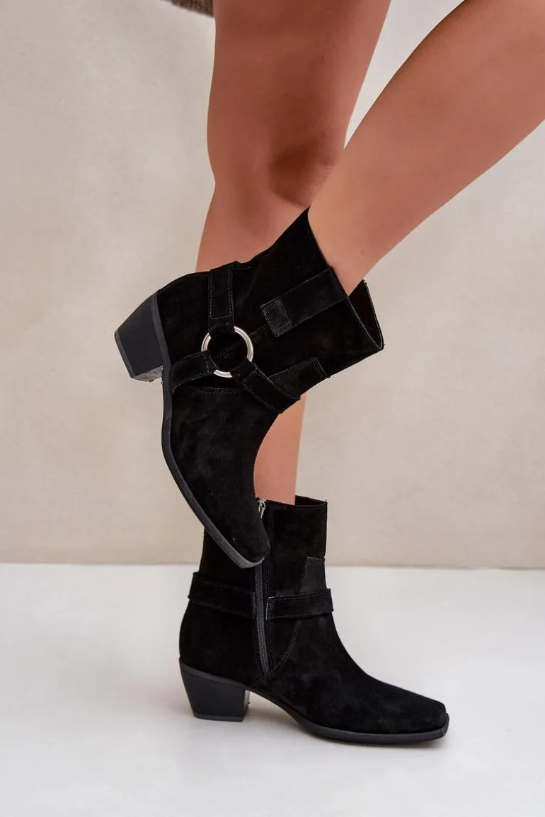 Botki Z Naturalnego Zamszu Na Obcasie Zazoo 3444/2 Czarne