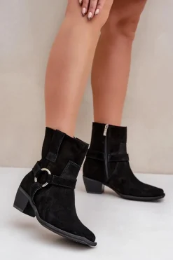 Botki Z Naturalnego Zamszu Na Obcasie Zazoo 3444/2 Czarne