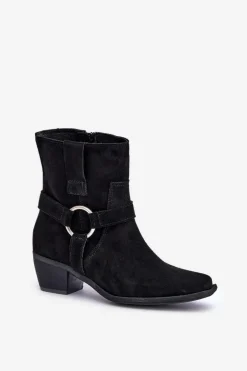 Botki Z Naturalnego Zamszu Na Obcasie Zazoo 3444/2 Czarne