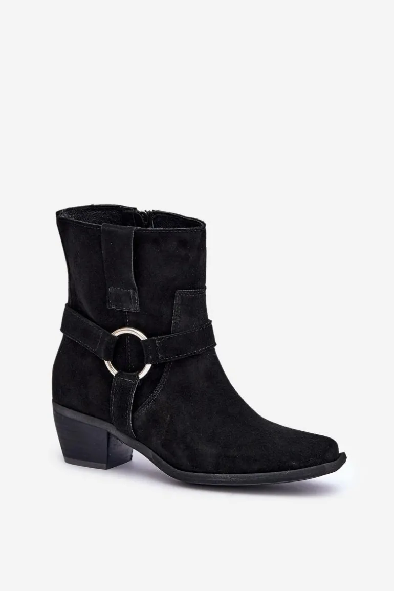 Botki Z Naturalnego Zamszu Na Obcasie Zazoo 3444/2 Czarne