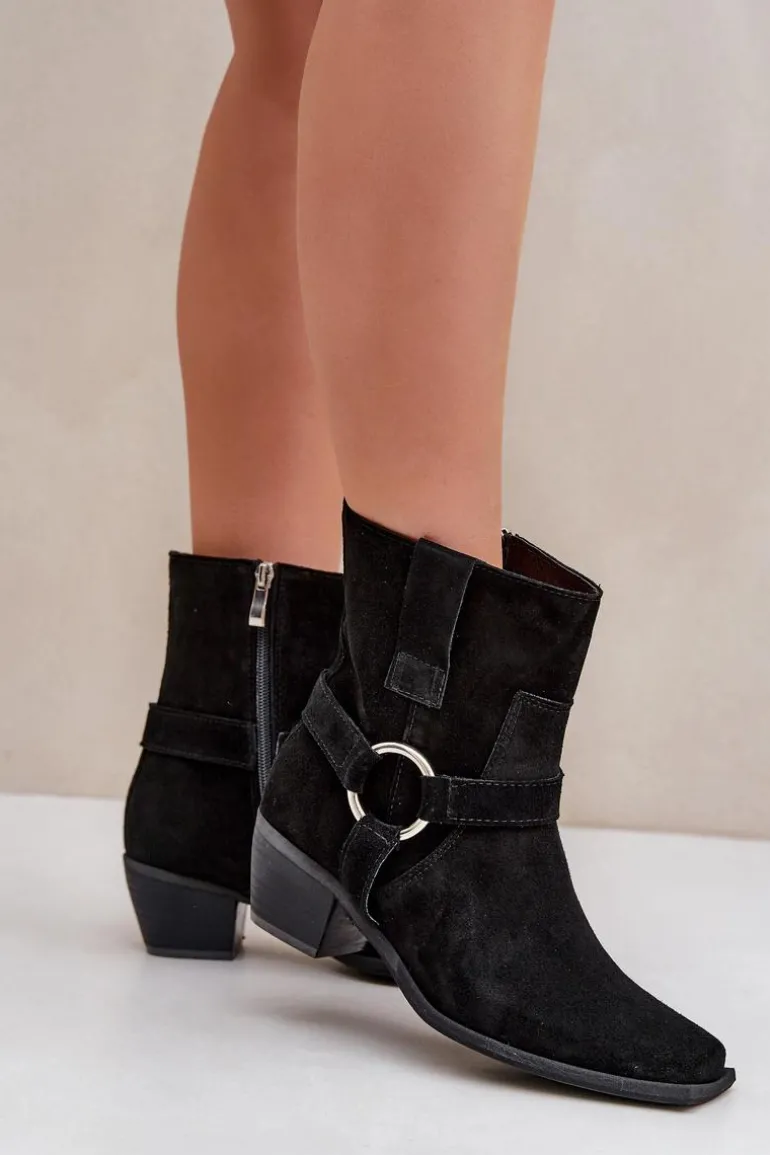 Botki Z Naturalnego Zamszu Na Obcasie Zazoo 3444/2 Czarne