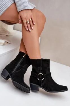 Botki Z Naturalnego Zamszu Na Obcasie Zazoo 3444/2 Czarne