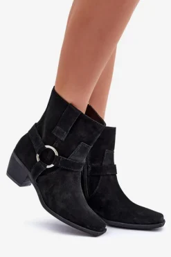 Botki Z Naturalnego Zamszu Na Obcasie Zazoo 3444/2 Czarne