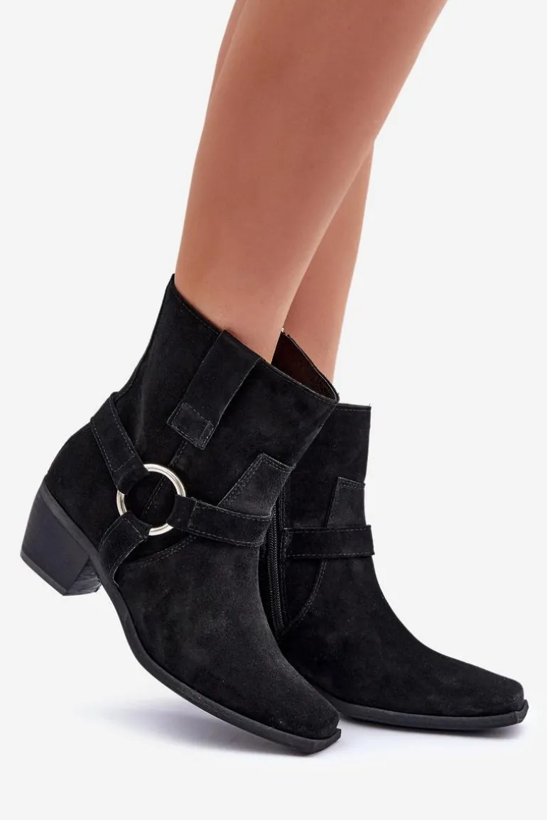 Botki Z Naturalnego Zamszu Na Obcasie Zazoo 3444/2 Czarne