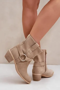 Botki Z Naturalnego Zamszu Na Obcasie Zazoo 3444/2 Jasnobeżowe