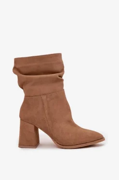 Botki Z Naturalnego Zamszu Ocieplane Na Słupku Z Marszczeniem Zazoo 4216 Beżowe