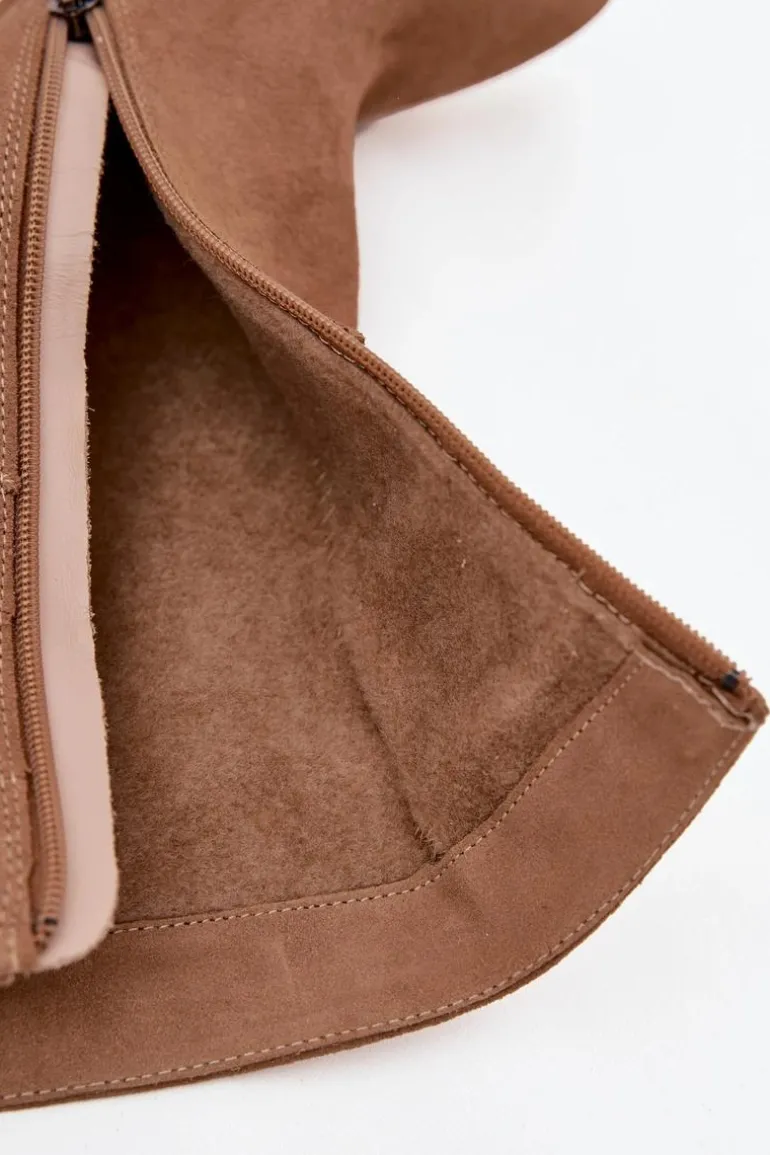 Botki Z Naturalnego Zamszu Ocieplane Na Słupku Z Marszczeniem Zazoo 4216 Beżowe