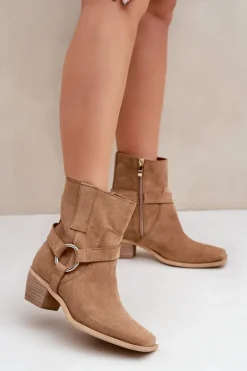 Botki Z Naturalnego Zamszu Na Obcasie Zazoo 3444/2 Beżowe