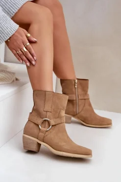 Botki Z Naturalnego Zamszu Na Obcasie Zazoo 3444/2 Beżowe