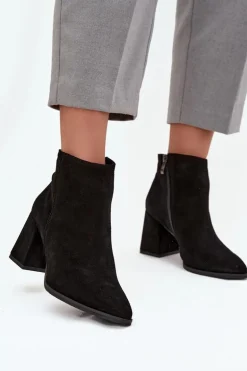 Botki Z Naturalnego Zamszu Obcas Słupek Ocieplane Czarne Zazoo 3128