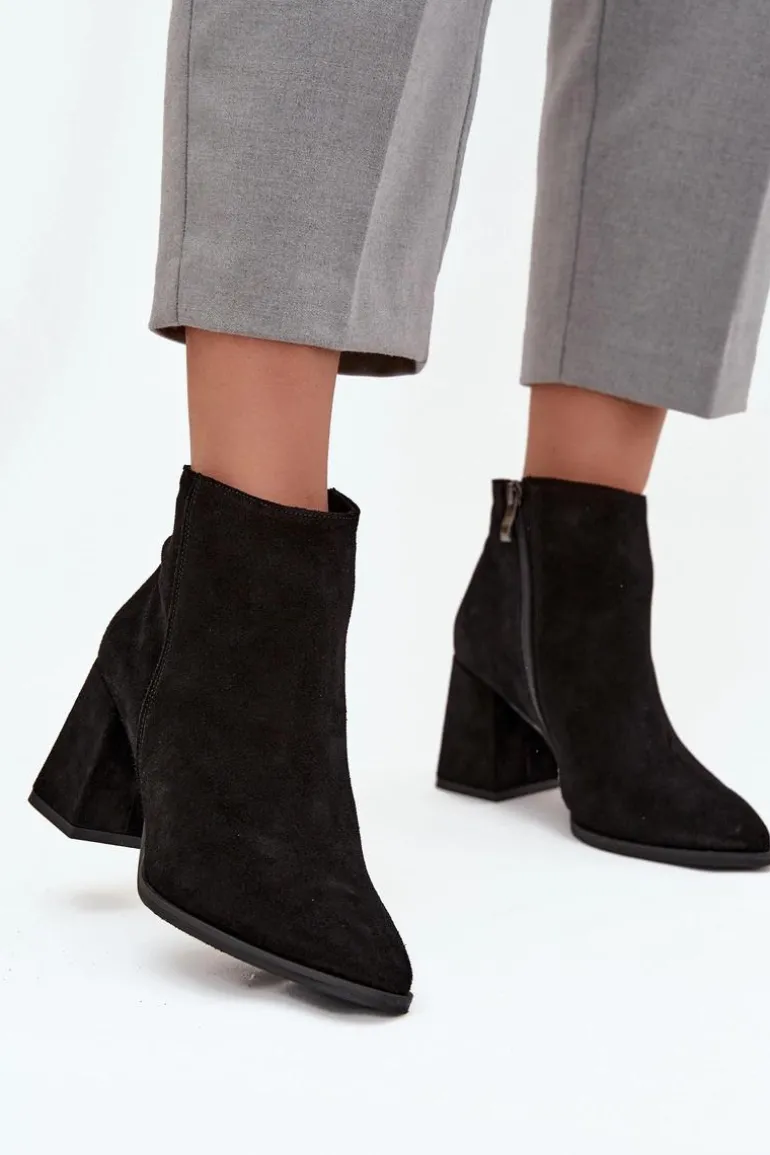 Botki Z Naturalnego Zamszu Obcas Słupek Ocieplane Czarne Zazoo 3128