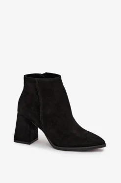 Botki Z Naturalnego Zamszu Obcas Słupek Ocieplane Czarne Zazoo 3128