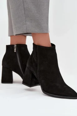 Botki Z Naturalnego Zamszu Obcas Słupek Ocieplane Czarne Zazoo 3128