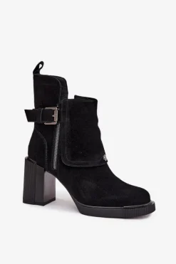 Botki Z Naturalnego Zamszu Na Słupku Z Klamrą Vinceza 91152 Czarne