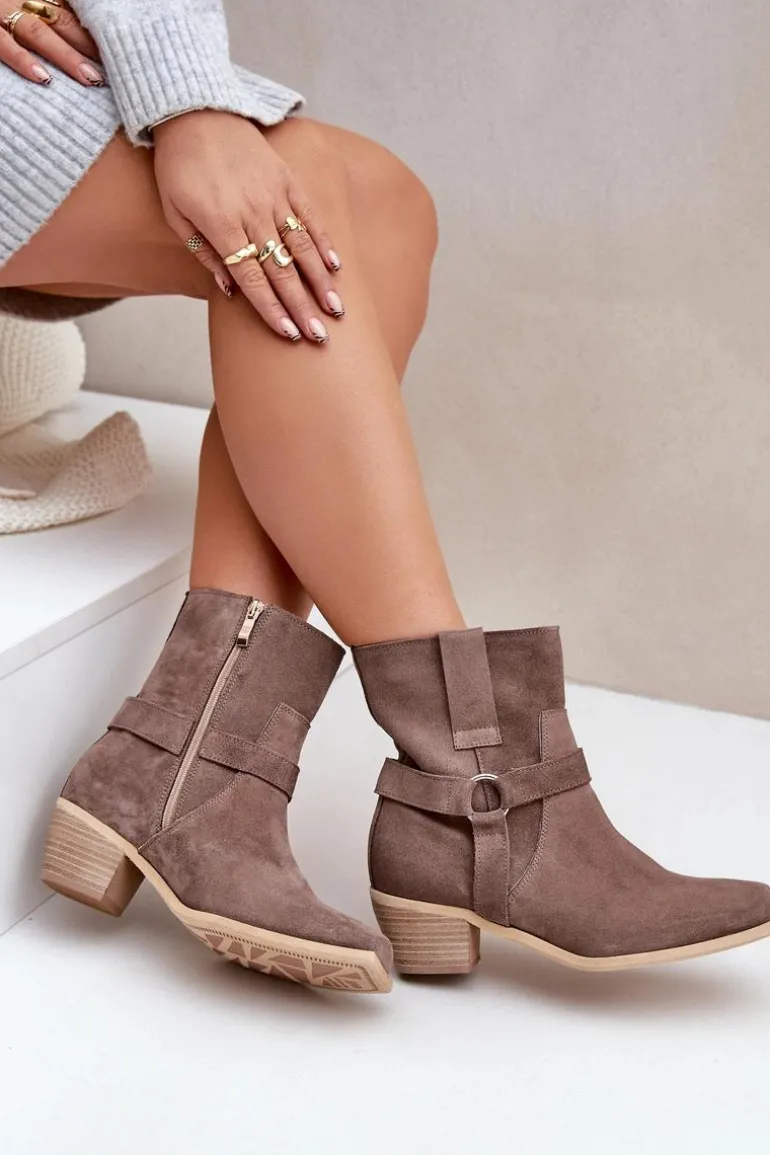 Botki Z Naturalnego Zamszu Na Obcasie Zazoo 3444/2 Brązowe