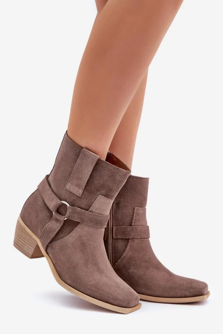 Botki Z Naturalnego Zamszu Na Obcasie Zazoo 3444/2 Brązowe