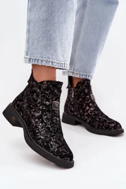 Botki Z Naturalnego Zamszu Na Niskim Obcasie D&A CR52-713 Czarno-Brązowe