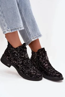 Botki Z Naturalnego Zamszu Na Niskim Obcasie D&A CR52-713 Czarno-Brązowe