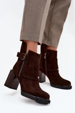 Botki Z Naturalnego Zamszu Na Słupku Z Klamrą Vinceza 91152 Czekoladowe