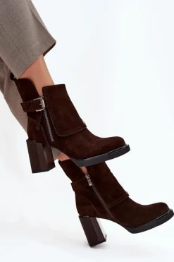 Botki Z Naturalnego Zamszu Na Słupku Z Klamrą Vinceza 91152 Czekoladowe