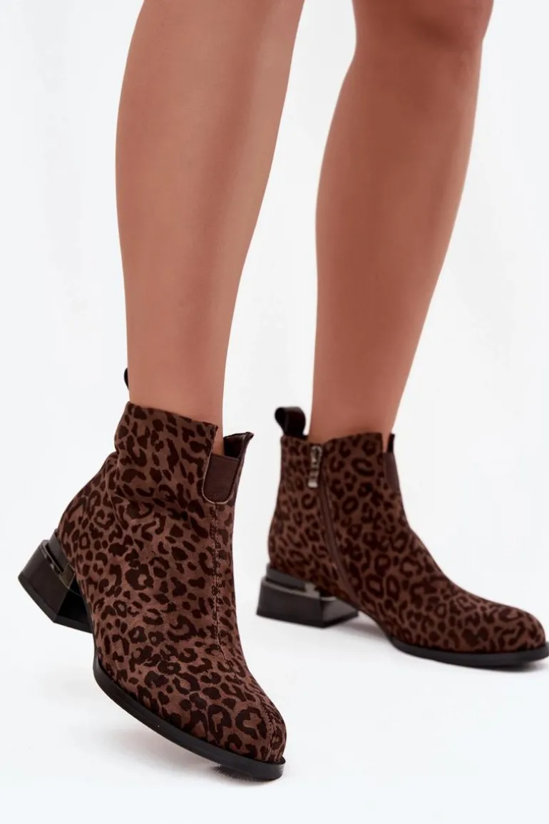 Botki Z Naturalnego Zamszu Na Klocku Panterka D&A JC52-852 Brązowe