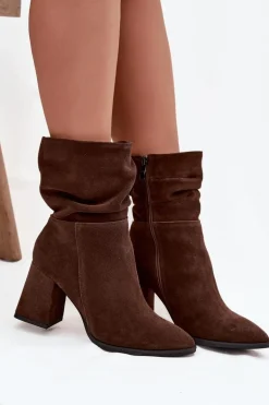 Botki Z Naturalnego Zamszu Ocieplane Na Słupku Z Marszczeniem Zazoo 4216 Czekoladowe