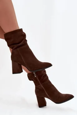 Botki Z Naturalnego Zamszu Ocieplane Na Słupku Z Marszczeniem Zazoo 4216 Czekoladowe