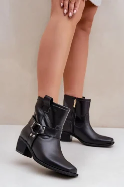 Botki Z Naturalnej Skóry Na Obcasie Zazoo 3444/2 Czarne