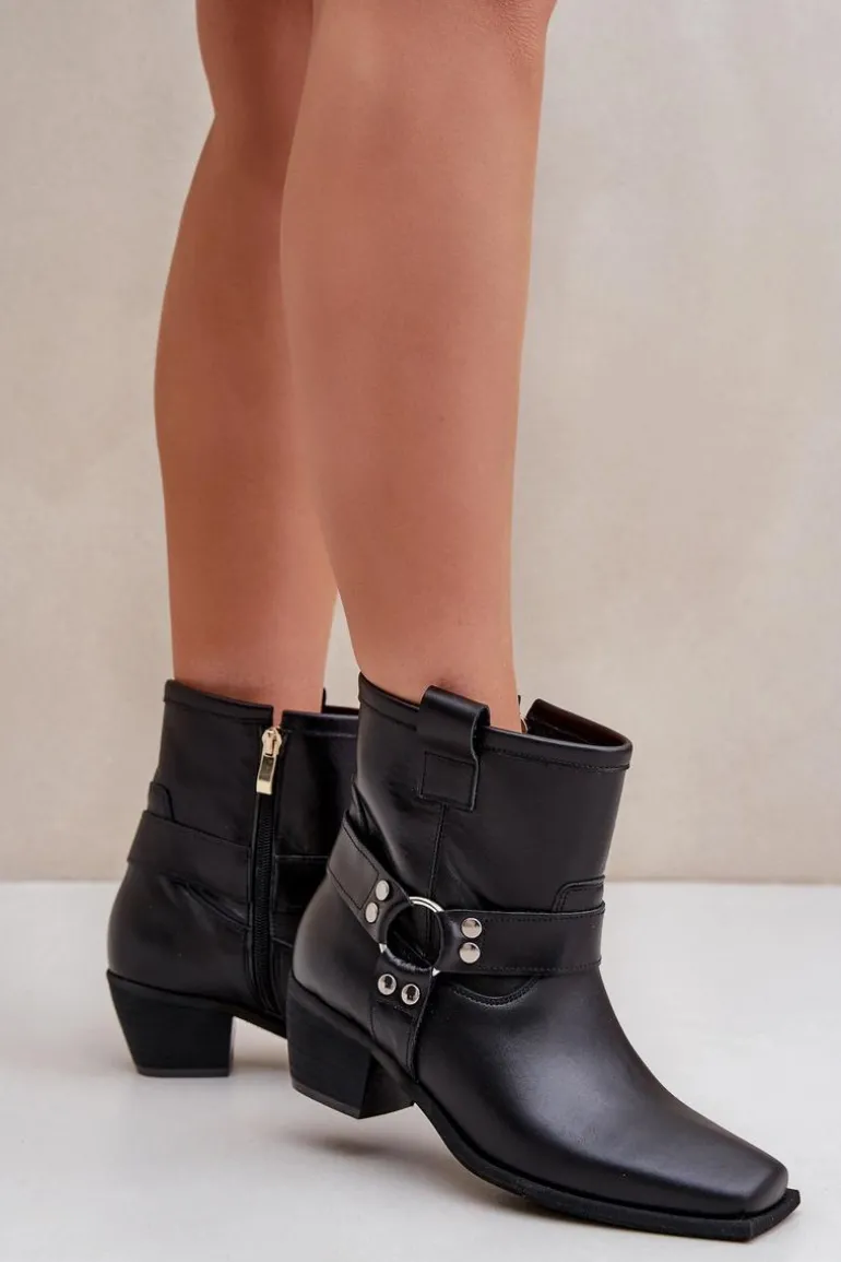 Botki Z Naturalnej Skóry Na Obcasie Zazoo 3444/2 Czarne