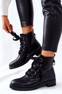 Botki Z Ozdobnym Wiązaniem Czarne Tayah