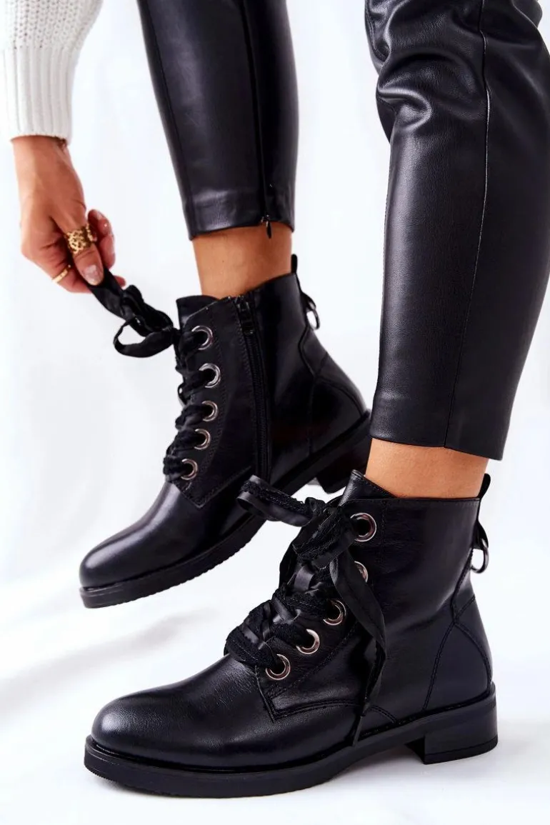 Botki Z Ozdobnym Wiązaniem Czarne Tayah