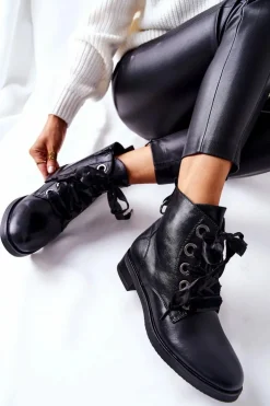 Botki Z Ozdobnym Wiązaniem Czarne Tayah