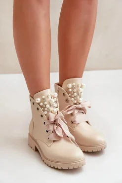 Botki Z Perełkami Dżetami I Wstążką Beżowe Nudago