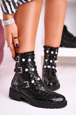 Botki Z Perełkami Lakierowane Czarne Motyw Zwierzęcy Whitney