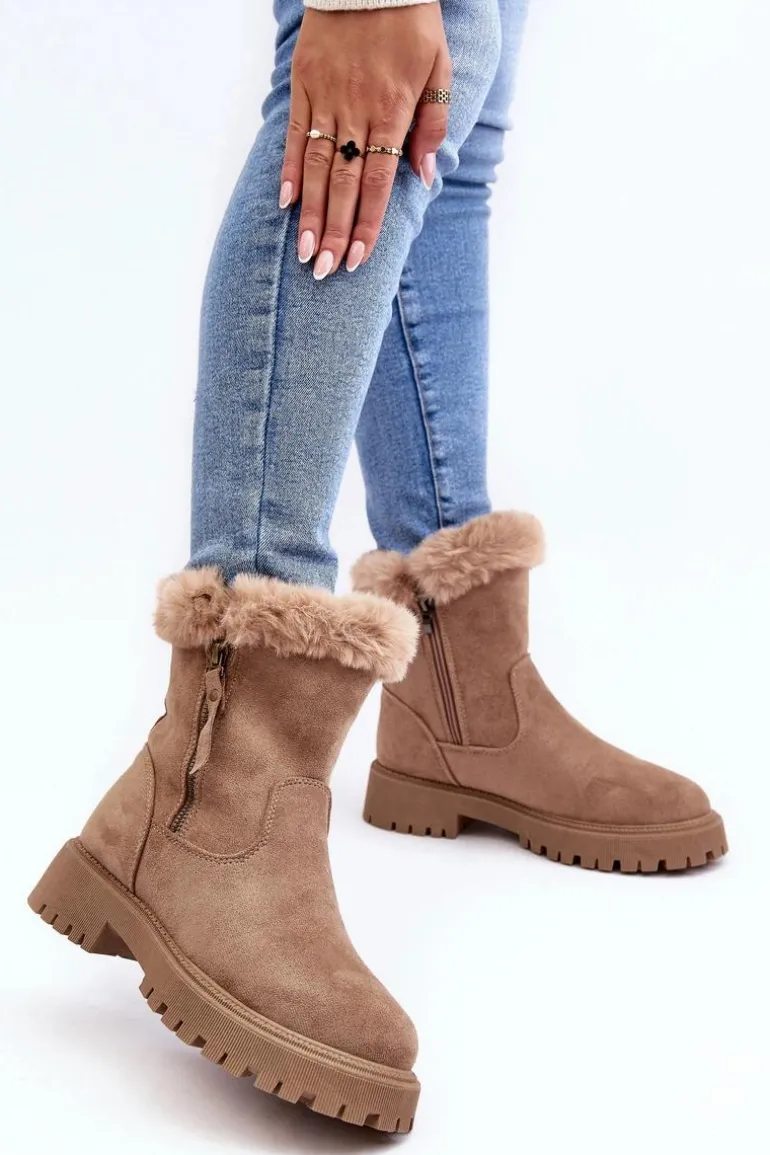 Botki Zamszowe Damskie Z Futerkiem Beżowe Hasiva