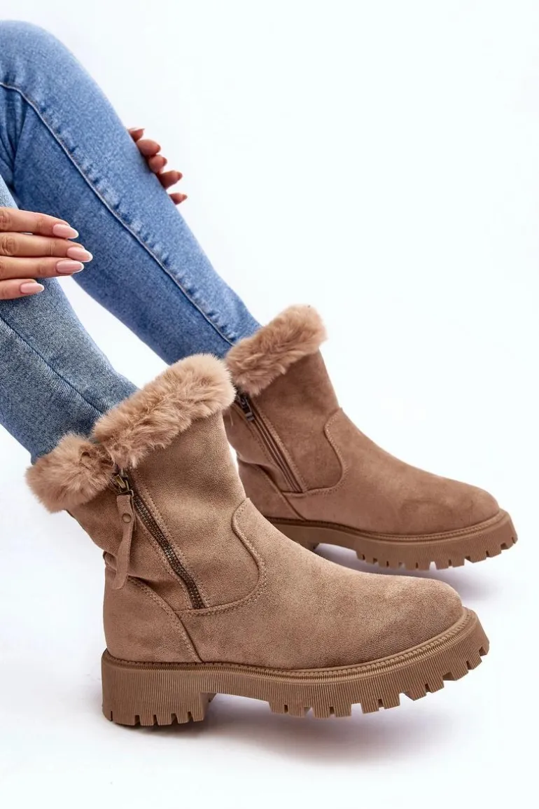 Botki Zamszowe Damskie Z Futerkiem Beżowe Hasiva