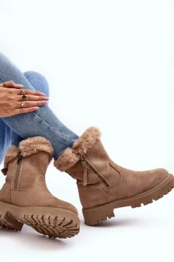 Botki Zamszowe Damskie Z Futerkiem Beżowe Hasiva