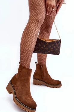 Botki Zamszowe Na Płaskim Obcasie Ocieplane Brązowe Neafgi