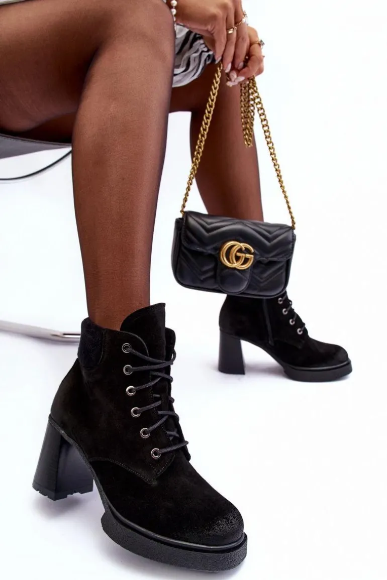 Botki Zamszowe Sznurowane Na Słupku Czarne Lemar Flomes