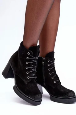 Botki Zamszowe Sznurowane Na Słupku Czarne Lemar Flomes