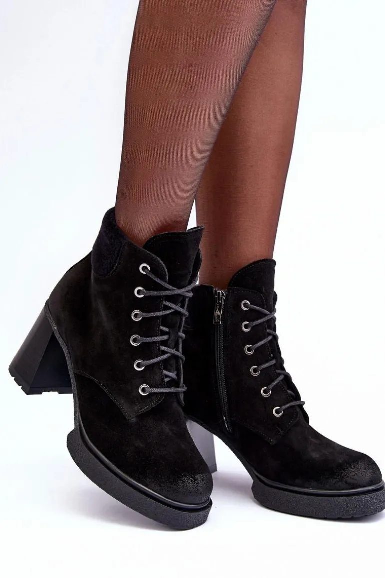 Botki Zamszowe Sznurowane Na Słupku Czarne Lemar Flomes