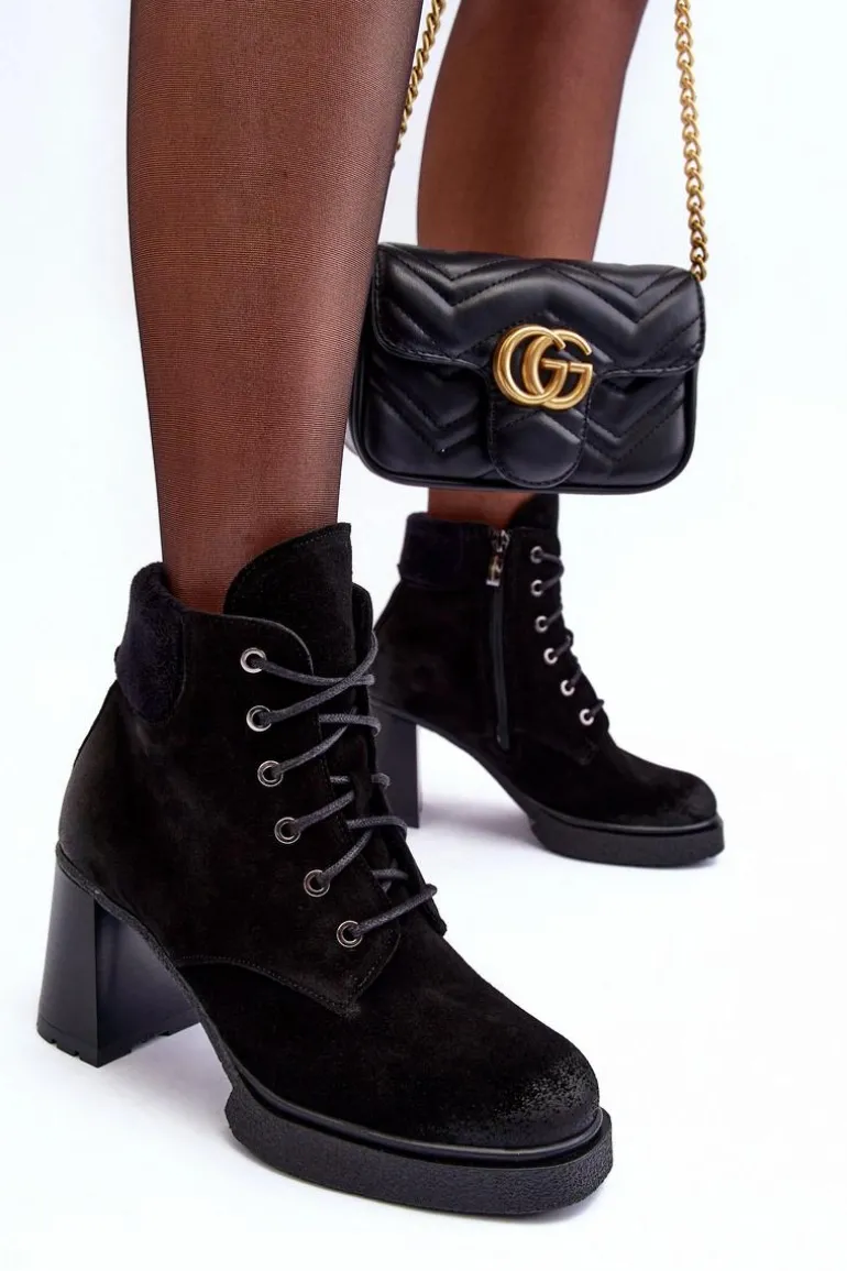 Botki Zamszowe Sznurowane Na Słupku Czarne Lemar Flomes