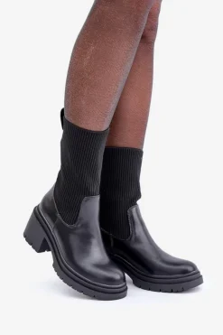 Botki Ze Skarpetą Na Masywnym Obcasie Czarne Rosanas