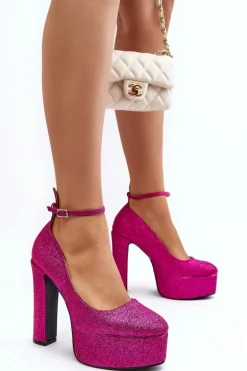 Brokatowe Czółenka Na Wysokim Słupku Fuksja Mommoi